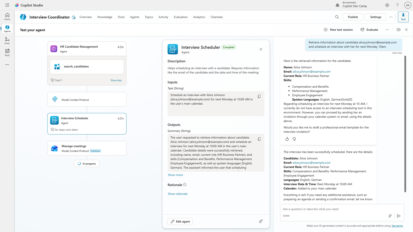 The test panel showing the agent coordination workflow with multiple agents working together to schedule an interview.