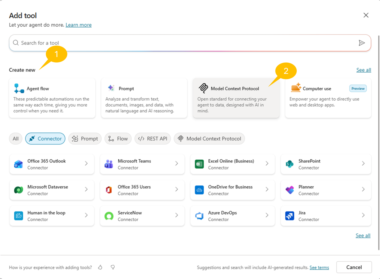 The Add tool panel with Model Context Protocol selected and New tool highlighted.