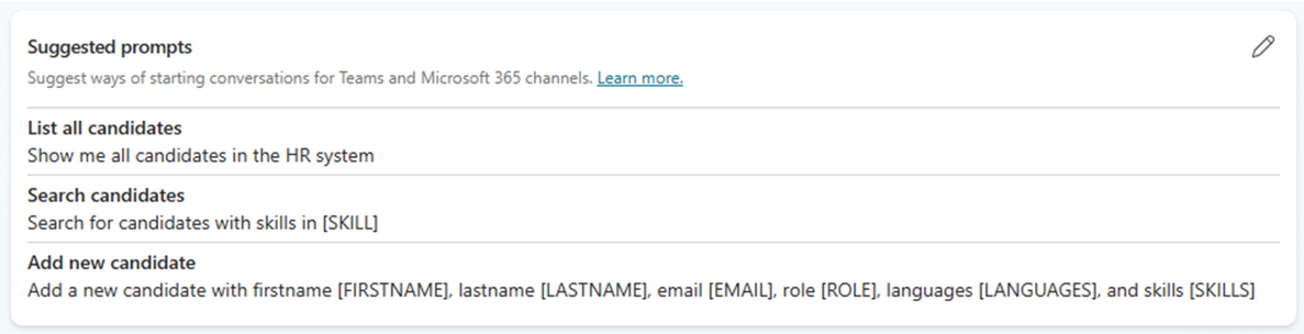 The Suggested prompts section configured with sample prompts.