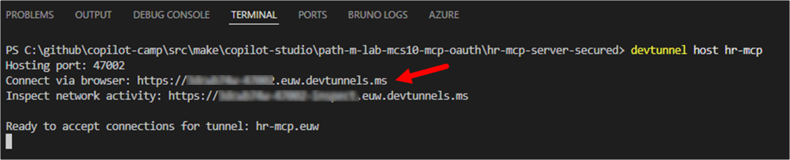 The dev tunnel running showing the connection URLs.