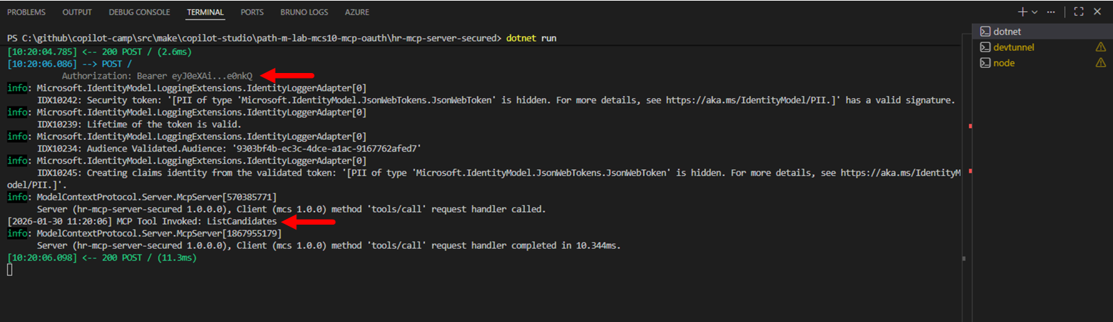 The terminal window showing MCP server logs with tool method calls and OAuth bearer token evidence.