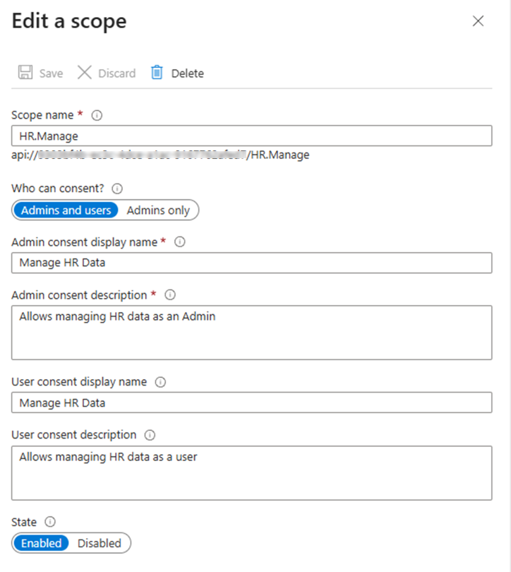 The Add a scope dialog with all fields configured for the access_as_user scope.