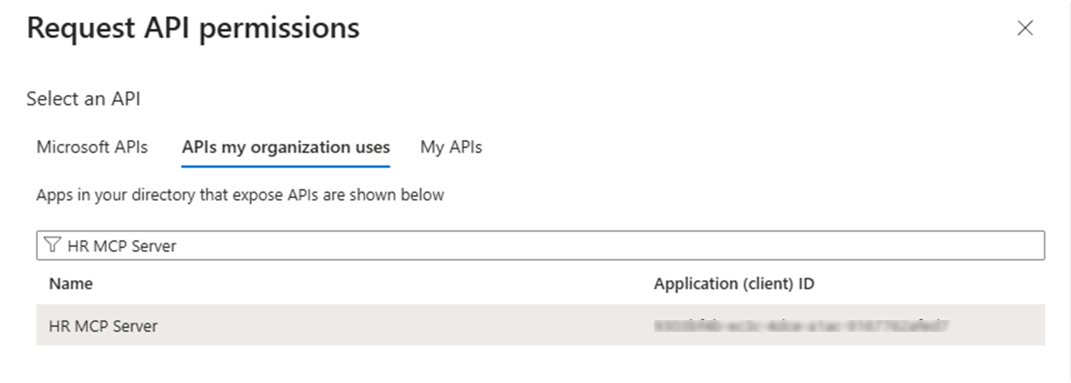 The Request API permissions dialog showing the "APIs my organization uses" tab with HR MCP Server selected.