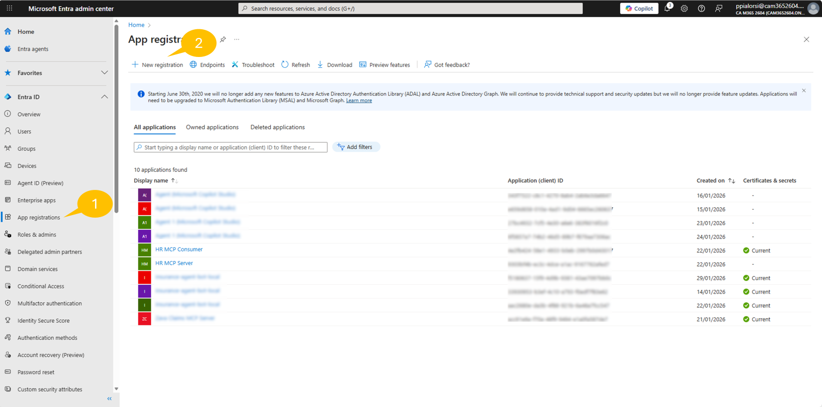 The Microsoft Entra admin center showing the App registrations page with the New registration button highlighted.
