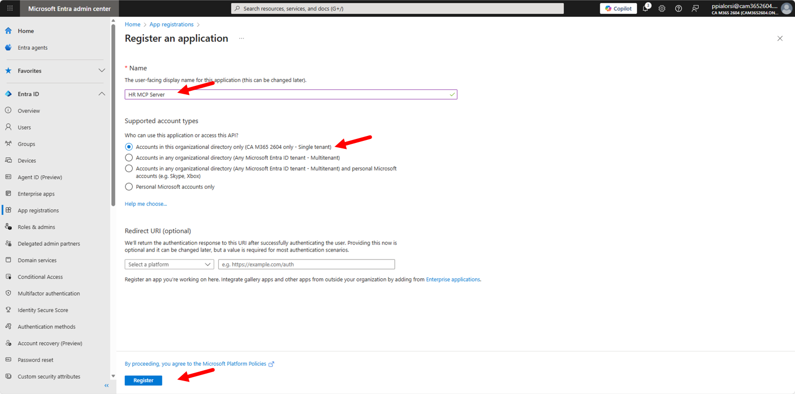 The Register an application page with the HR MCP Server name and single tenant option selected.