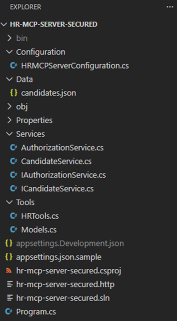 The outline of the Secured HR MCP Server project in Visual Studio Code showing the server files including authentication middleware.