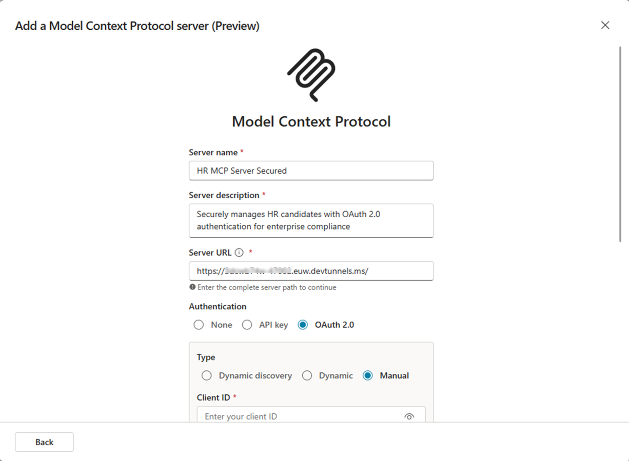 The MCP server configuration dialog showing OAuth 2.0 Manual selected as authentication method.