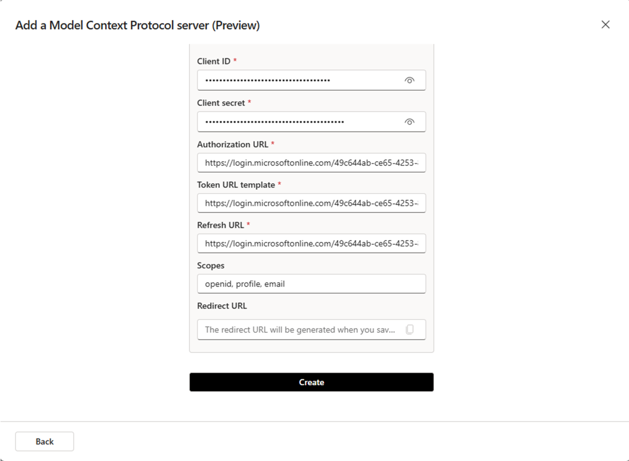 The OAuth 2.0 configuration section with all fields filled in.