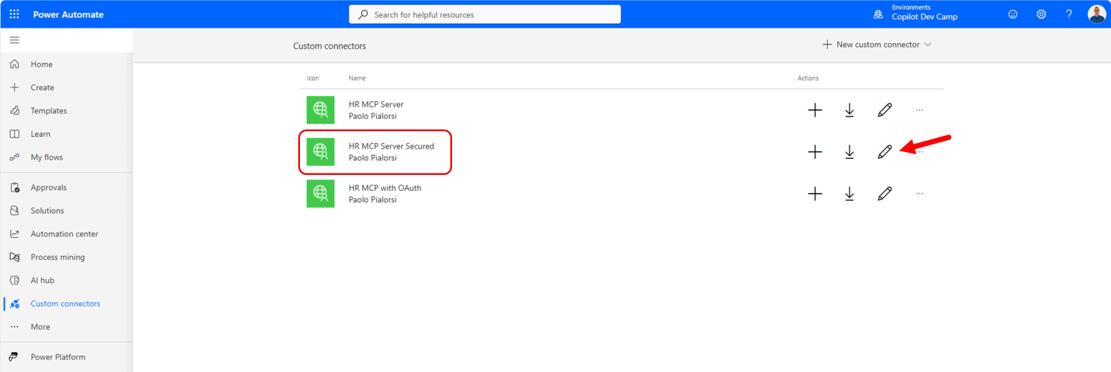 The Power Platform connectors page with the connector for the MCP server highlighted and the pencil to edit highligthed.