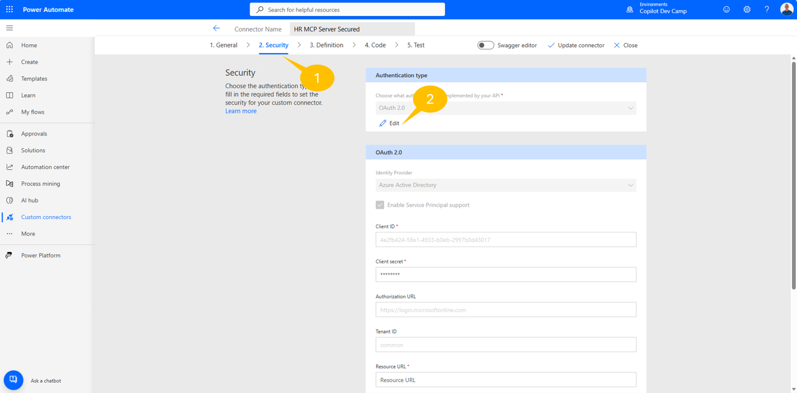The Power Platform connectors page with the connector for the MCP server highlighted and the pencil to edit highligthed.