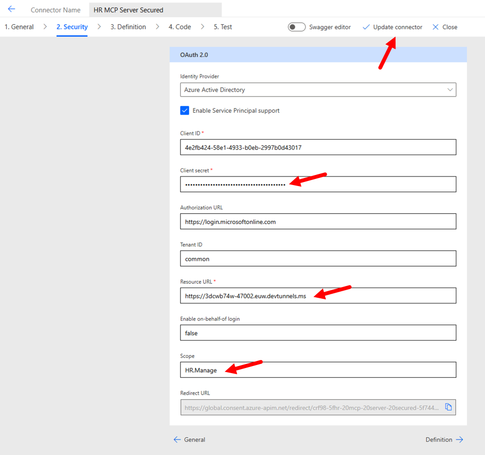 The Power Platform connector security configuration page with updated settings.