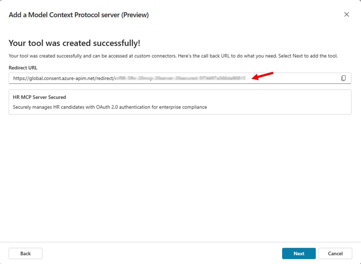 The MCP tool configuration showing the Redirect URL that needs to be configured in Entra ID.