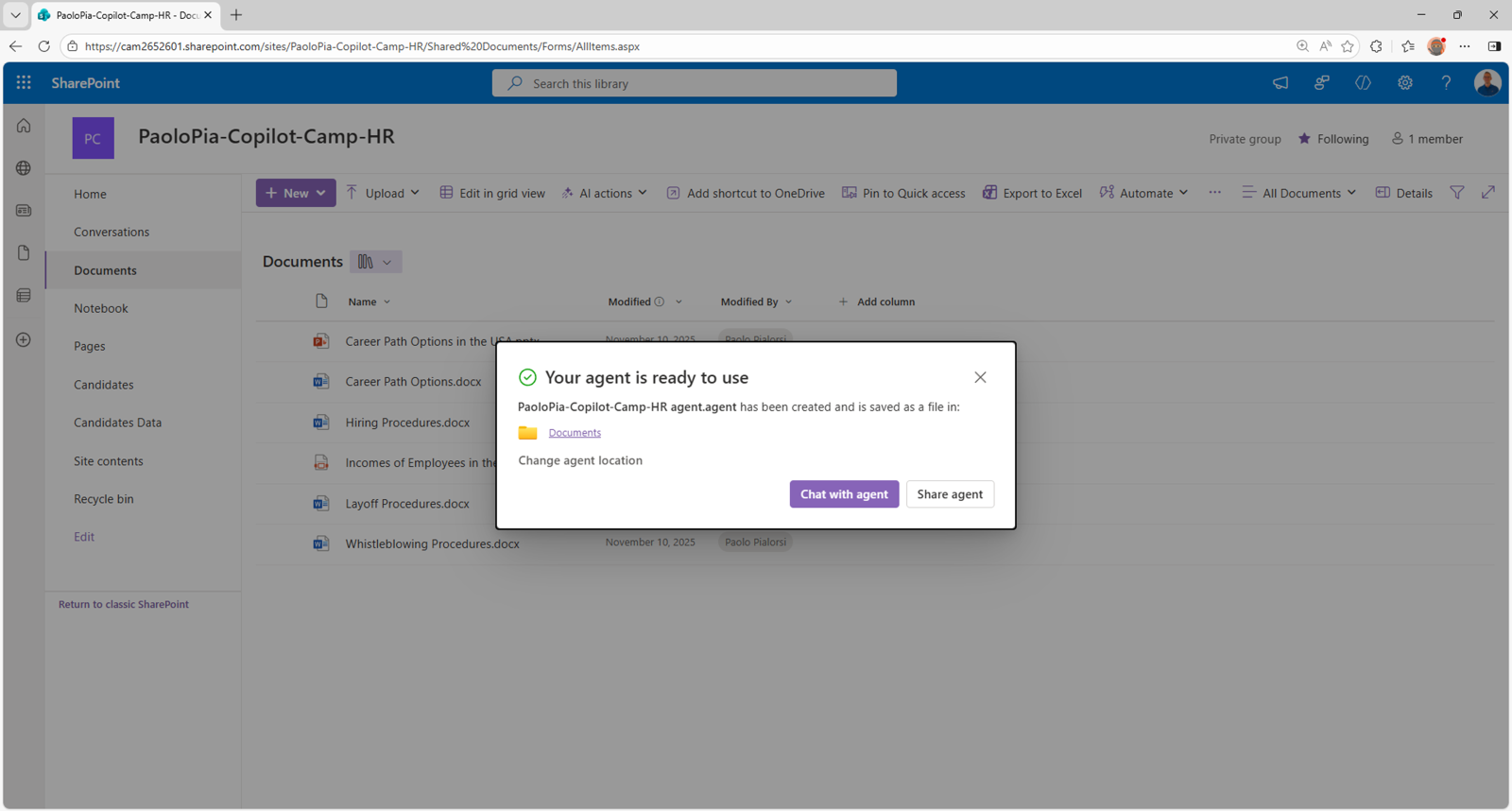The dialog confirming that a new SharePoint agent was created. There is a command to "Chat with agent" and another one to "Share agent".
