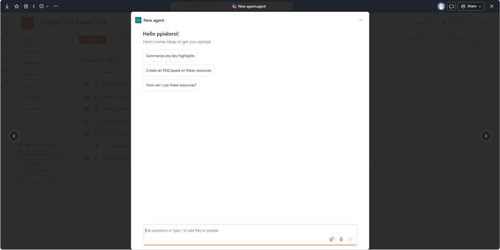 The SharePoint Online interface showing the new SharePoint agent. There are suggested starter prompts at the top of the page and a textarea to write a prompt in the lower part of the screen.