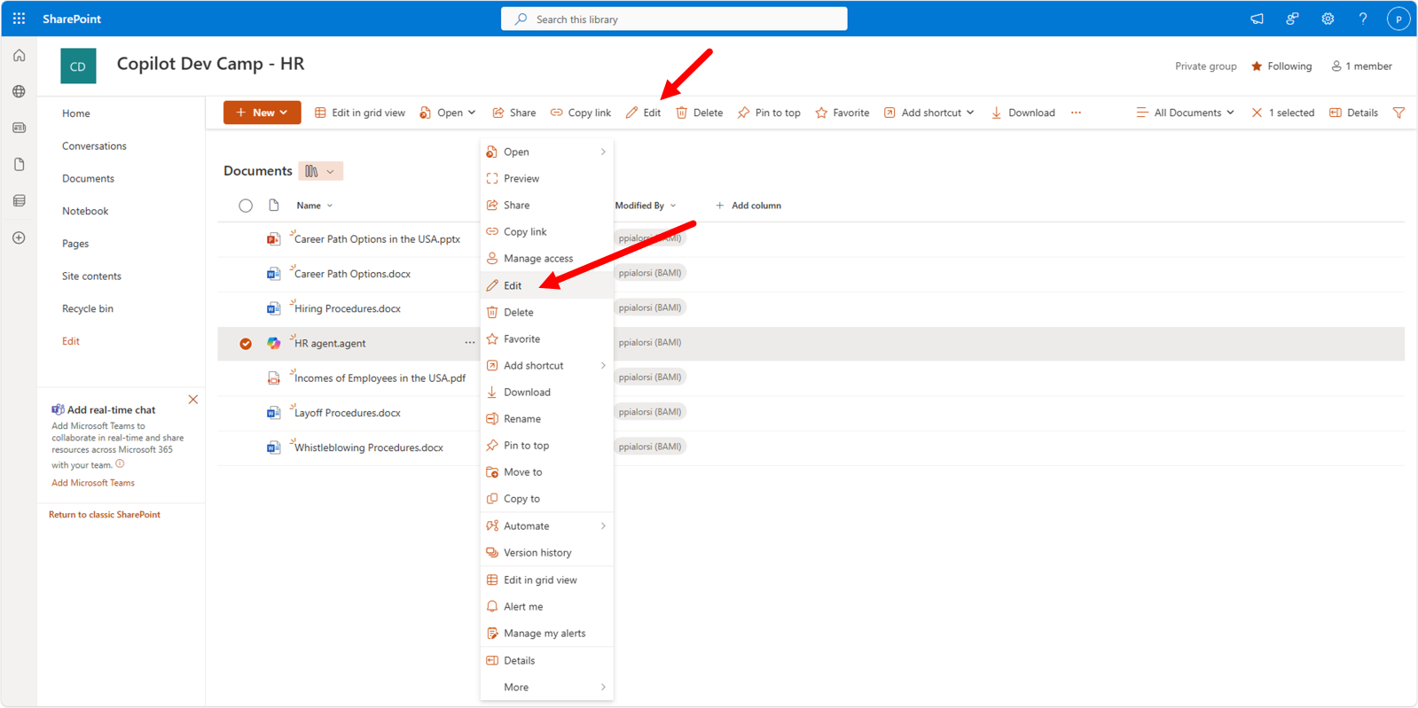 The ECB menu of SharePoint Online when the .agent file is selected. The "Edit" command is highlighted.
