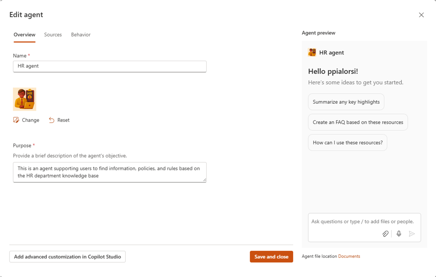 The dialog window to edit the agent settings when it comes to update the agent name, icon, and purpose.