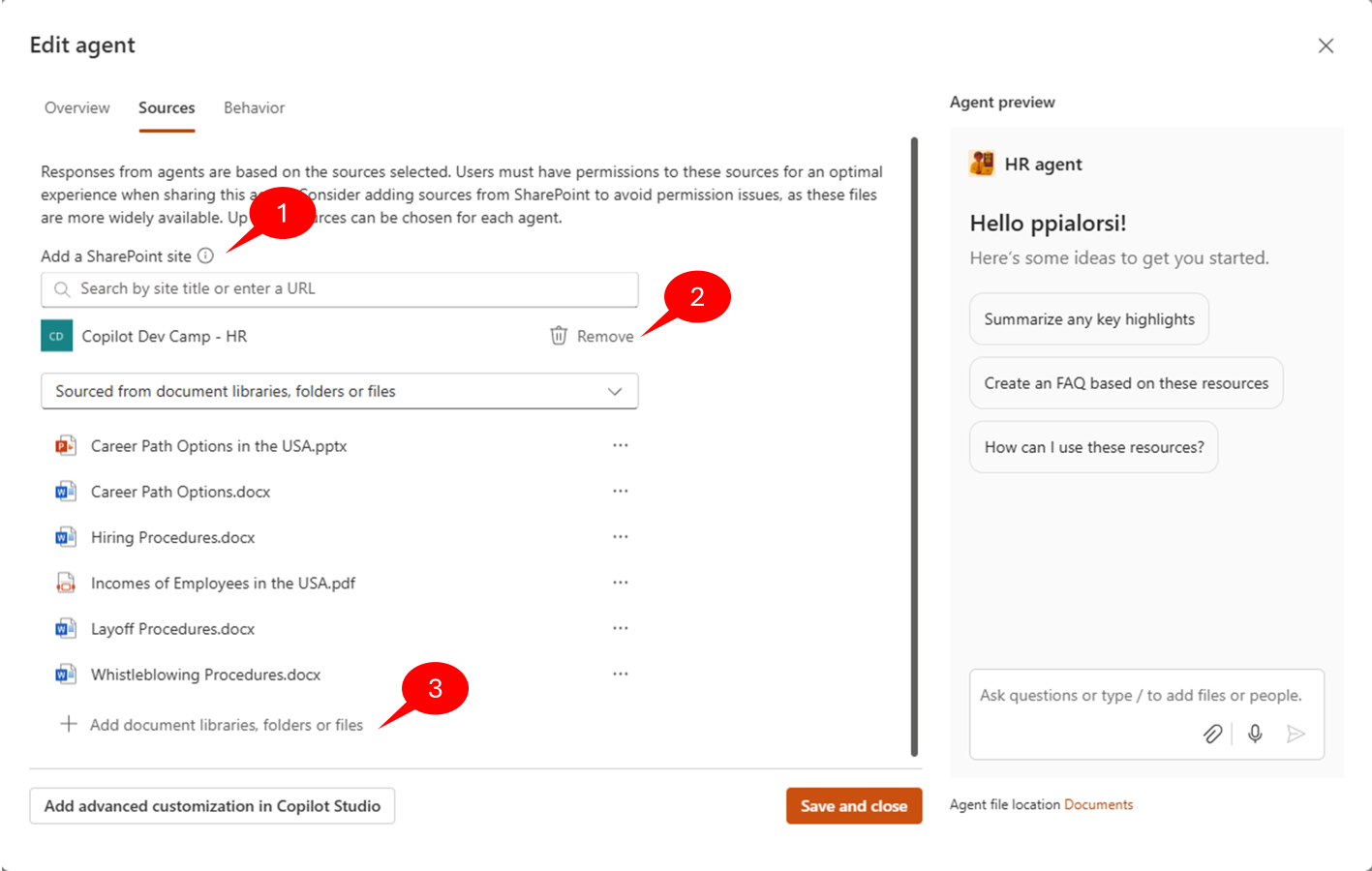 The dialog window to manage the data sources for the agent. There are fields to configure additional sites, libraries, or documents.