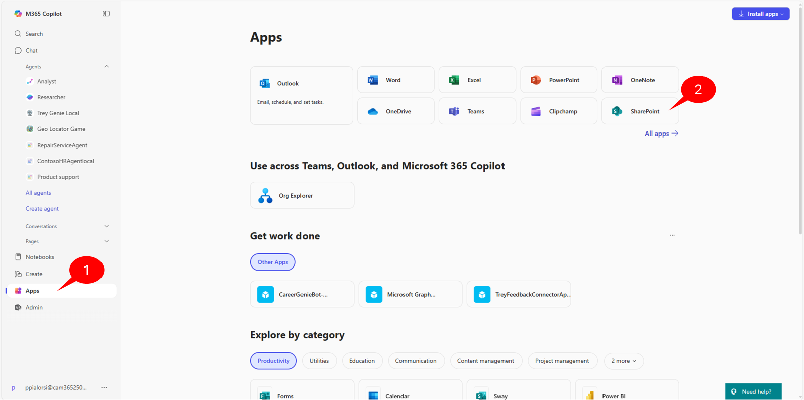 The UI of Microsoft 365 Portal with the Apps command and the SharePoint workload highlighted.
