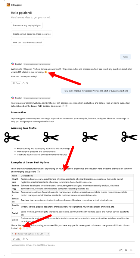 The updated behavior of the agent, based on the improved instructions. There are emojis, tables to render lists of items and generally speaking a more accurate respose.