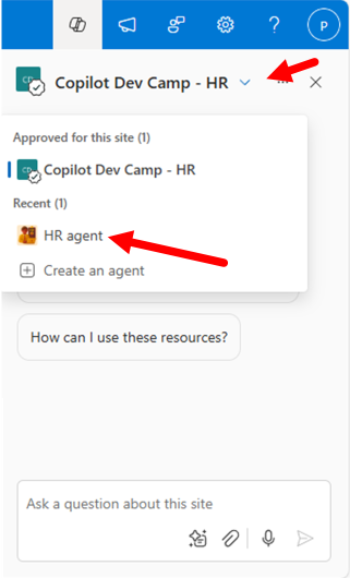 The Copilot side panel rendering the ready made agent for a site. There is the dropdown to select the agent to use, which allows to select the "HR agent" created before.