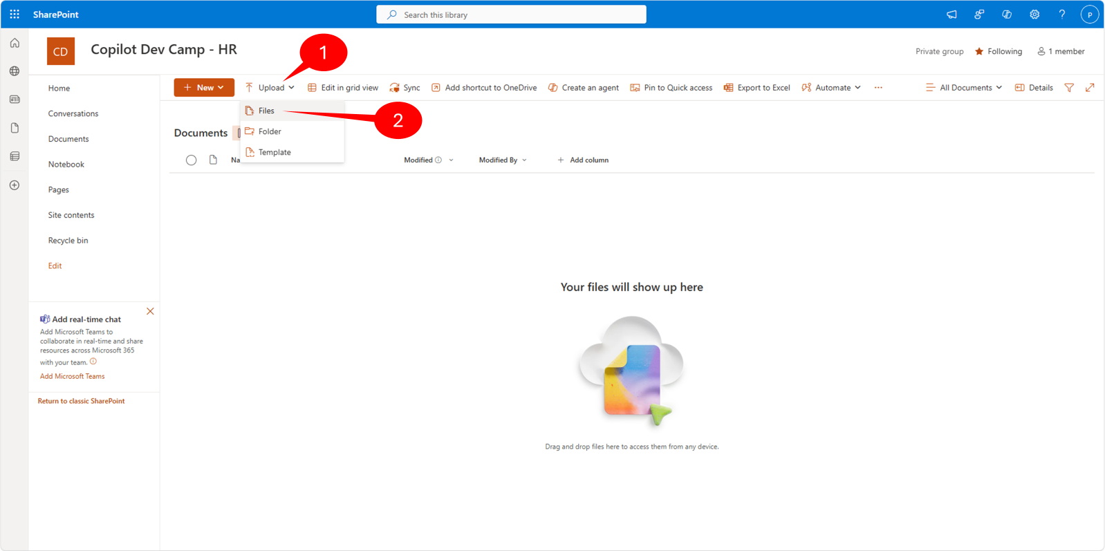 The command bar of the document library with the 'Upload' menu expanded and the 'Files' option selected.