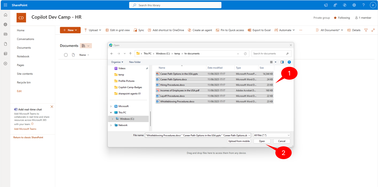 The file system browsing dialog to select the files to upload.