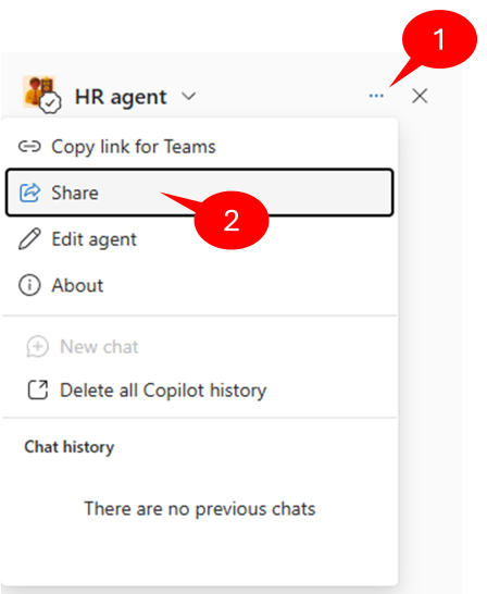 The context menu of a SharePoint agent with the option to "Share" the agent highlighted.