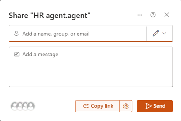 The sharing UX of SharePoint Online when sharing an agent with others. There are the field to search for targets of sharing. There is a field to write a text message to use in the body of the sharing notification email. And there are couple of buttons to "Copy link" or "Send" the shared resource.