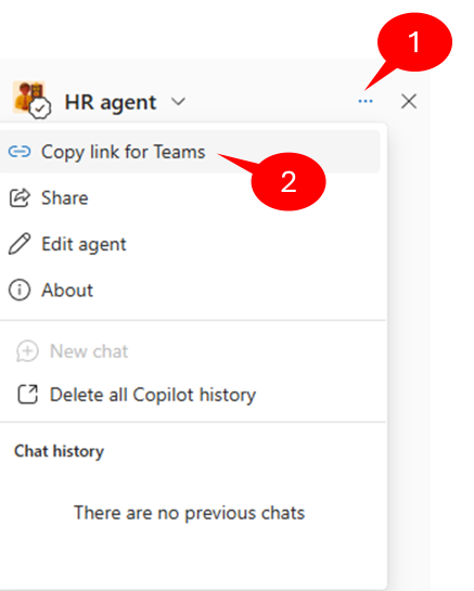 The context menu of a SharePoint agent with the option to "Copy link for Teams" for the agent highlighted.