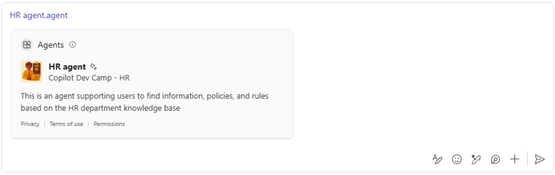 The Microsoft Teams chat when pasting the link to the SharePoint agent. There is a link unfurling extension that renders the link with a nice looking card, providing information about the agent.