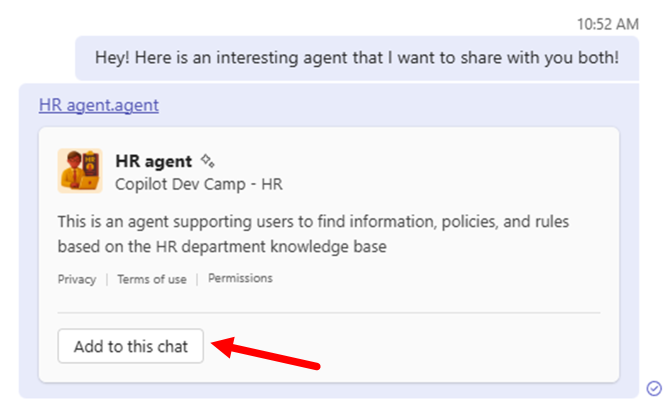The Microsoft Teams chat rendering the adaptive card for the link to the agent. There is a command button to "Add to this chat" the agent.