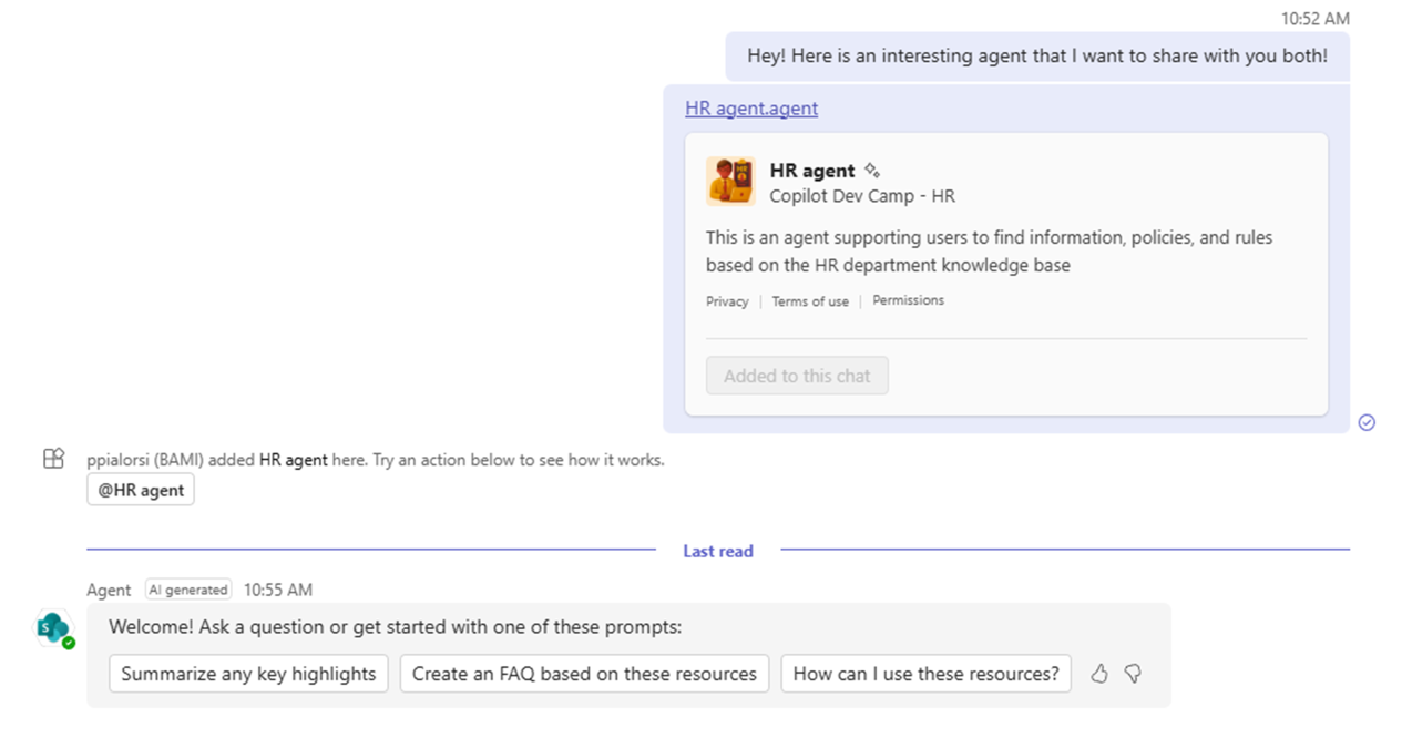The Microsoft Teams chat informing that the agent was added and with the welcome message from the agent itself.