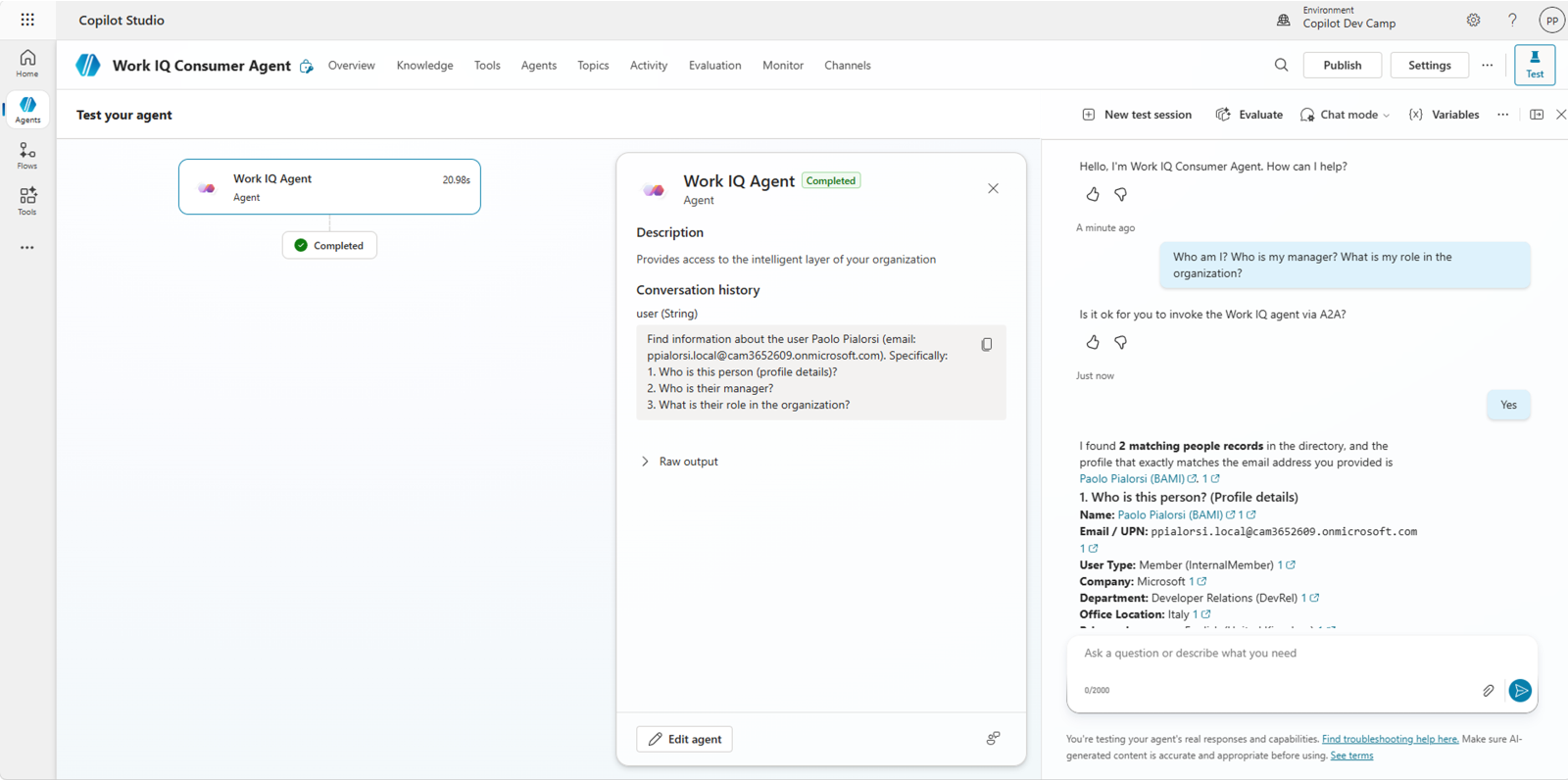 Copilot Studio test panel showing the WorkIQ Consumer Agent responding to the prompt "Who am I? Who is my manager? What is my role in the organization?" with detailed answers retrieved via the A2A protocol.
