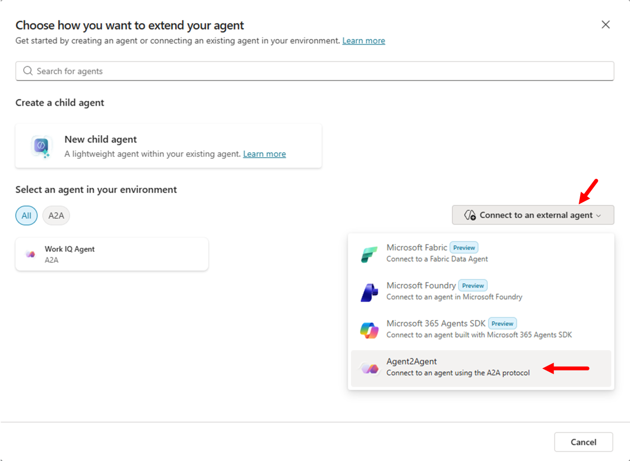 Copilot Studio dialog showing "Choose how you want to extend your agent" with the "Connect to an external agent" dropdown expanded, highlighting the Agent2Agent option to connect using the A2A protocol.