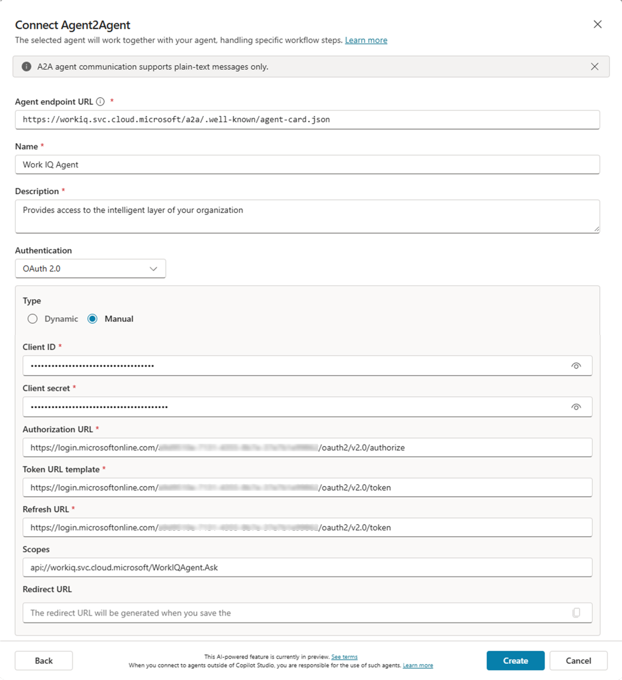 Copilot Studio Connect Agent2Agent dialog showing manual OAuth 2.0 settings for Work IQ, including endpoint URL, client ID, client secret, authorization URL, token URL, and scope.