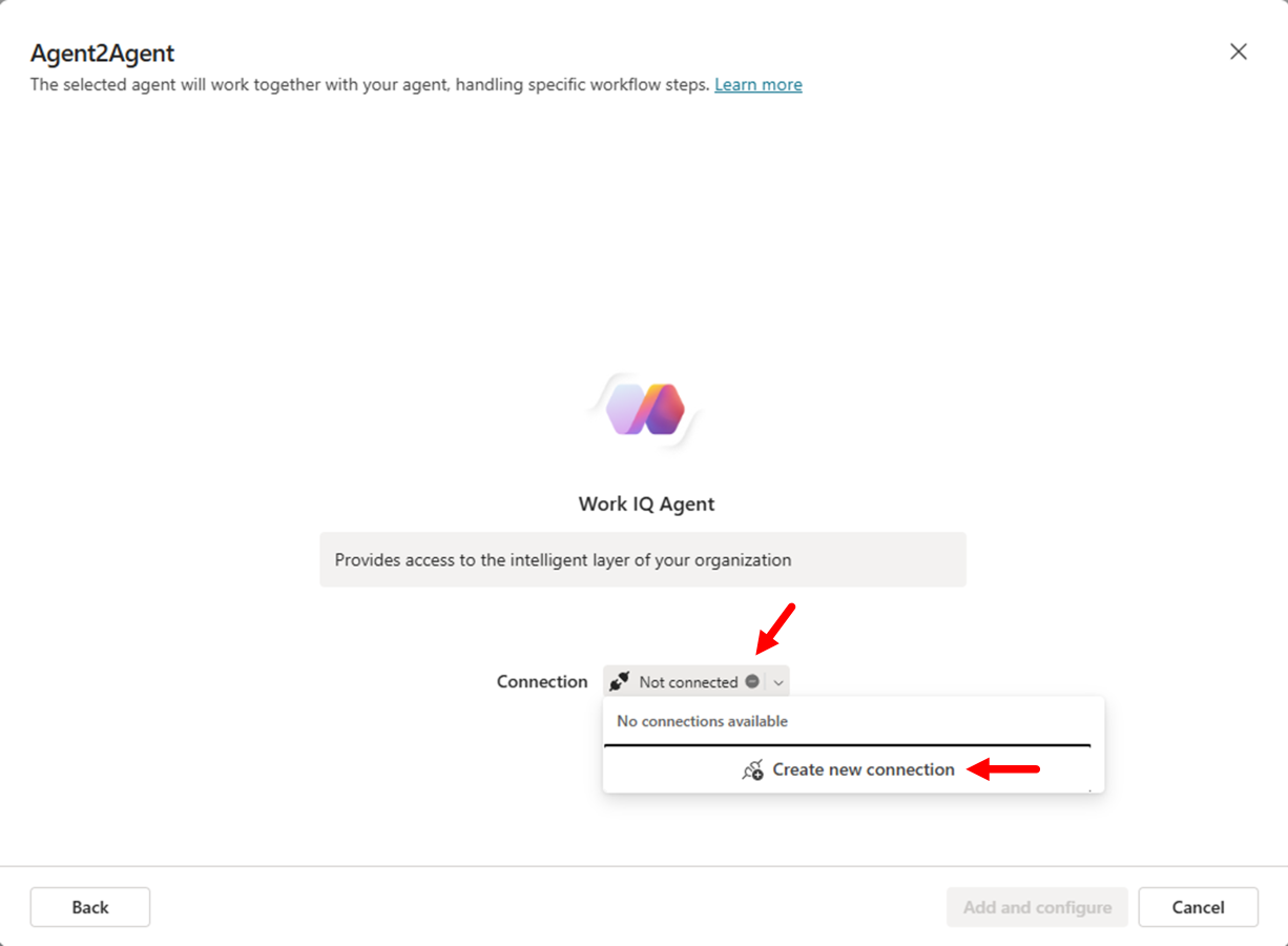 Copilot Studio confirmation view after creating the Agent2Agent connection to Work IQ, showing the next step to authenticate and continue setup.