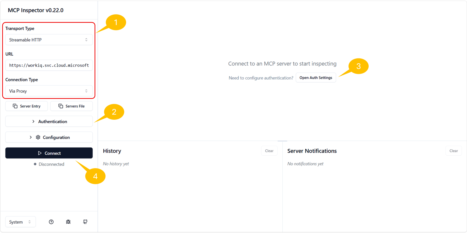 MCP Inspector connection and authentication settings panel showing Transport Type, URL, and OAuth 2.0 configuration fields.