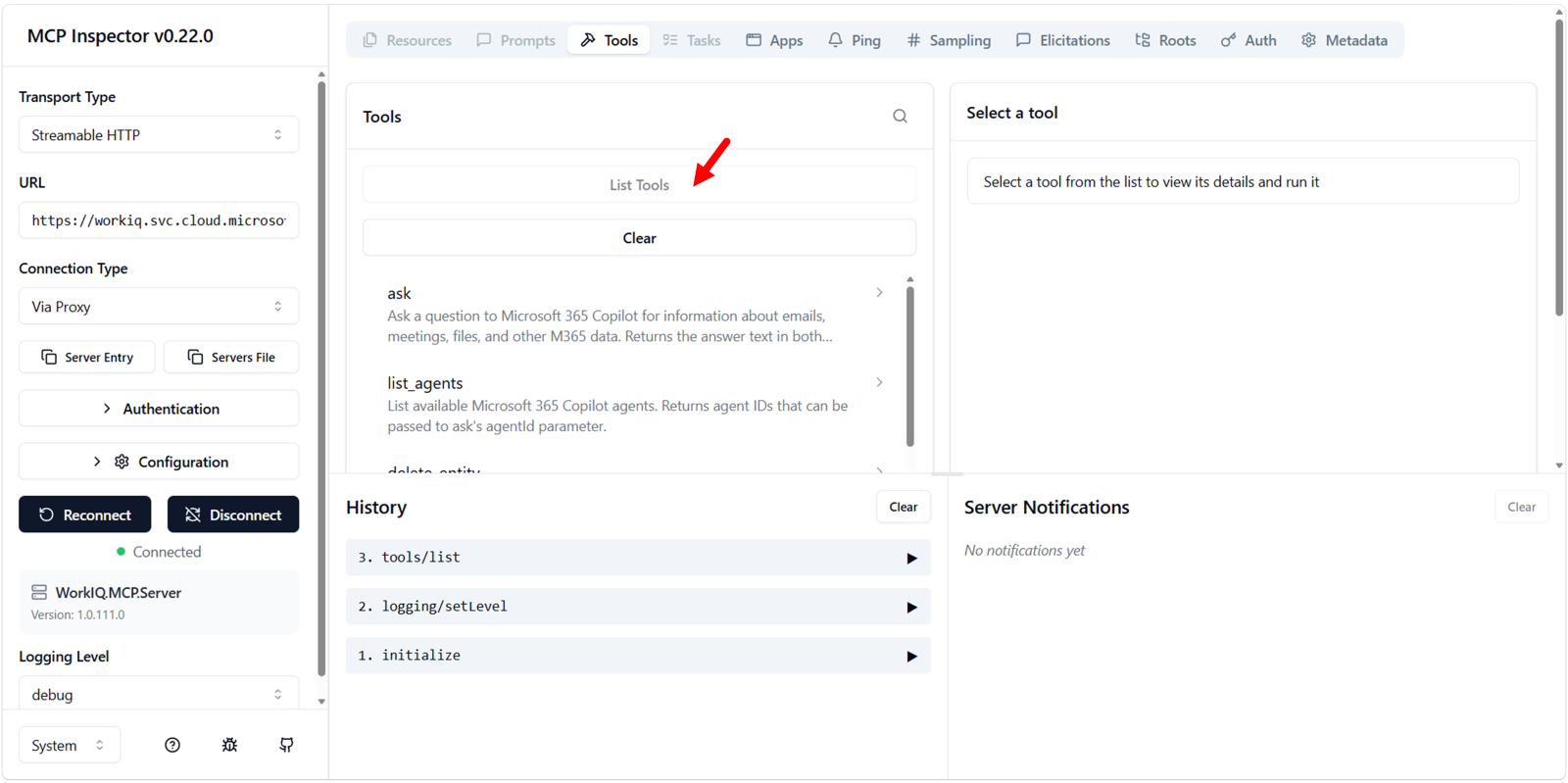 MCP Inspector showing successful Work IQ authentication and active server connection.