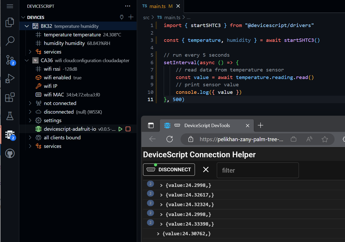 Two windows with a connection connector and Visual Studio Code in the browser
