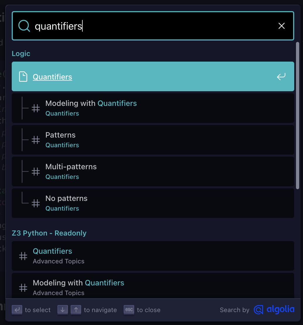 A screenshot of the search window