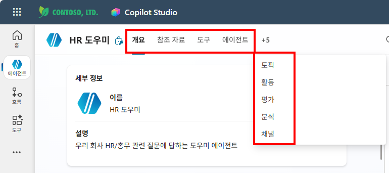 Copilot Studio 상단 메뉴 — 개요, 참조 자료, 도구, 에이전트, +5(토픽·활동·평가·분석·채널)