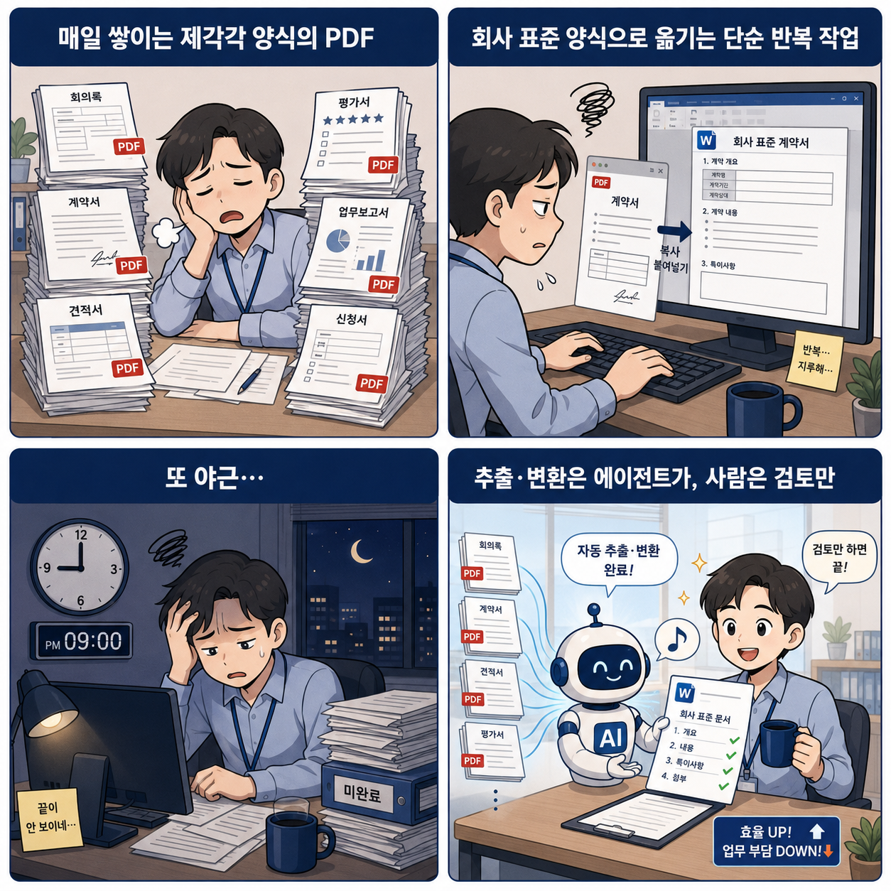 매일 다른 양식의 PDF를 표준 Word로 옮기느라 야근하다 AI 에이전트의 도움으로 검토만 하게 된 직장인 4컷 만화