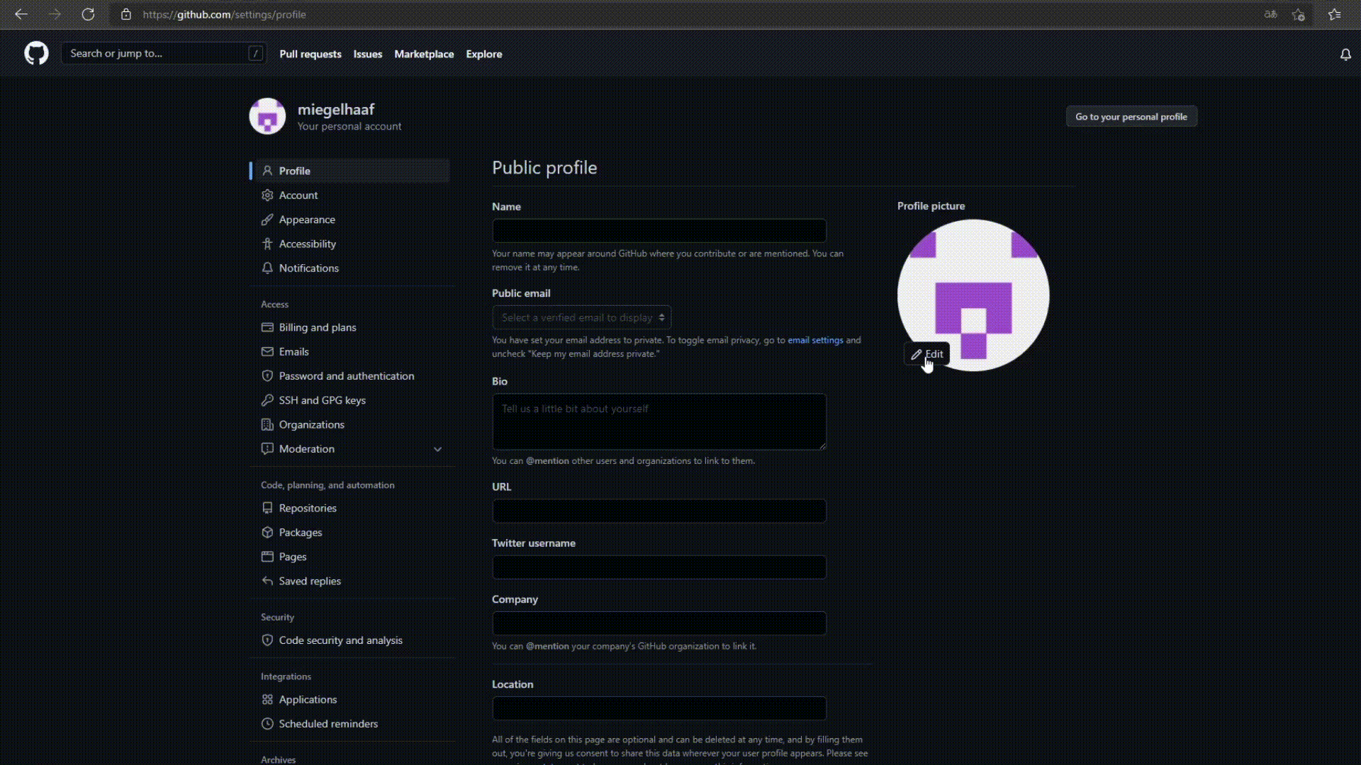 Profile page