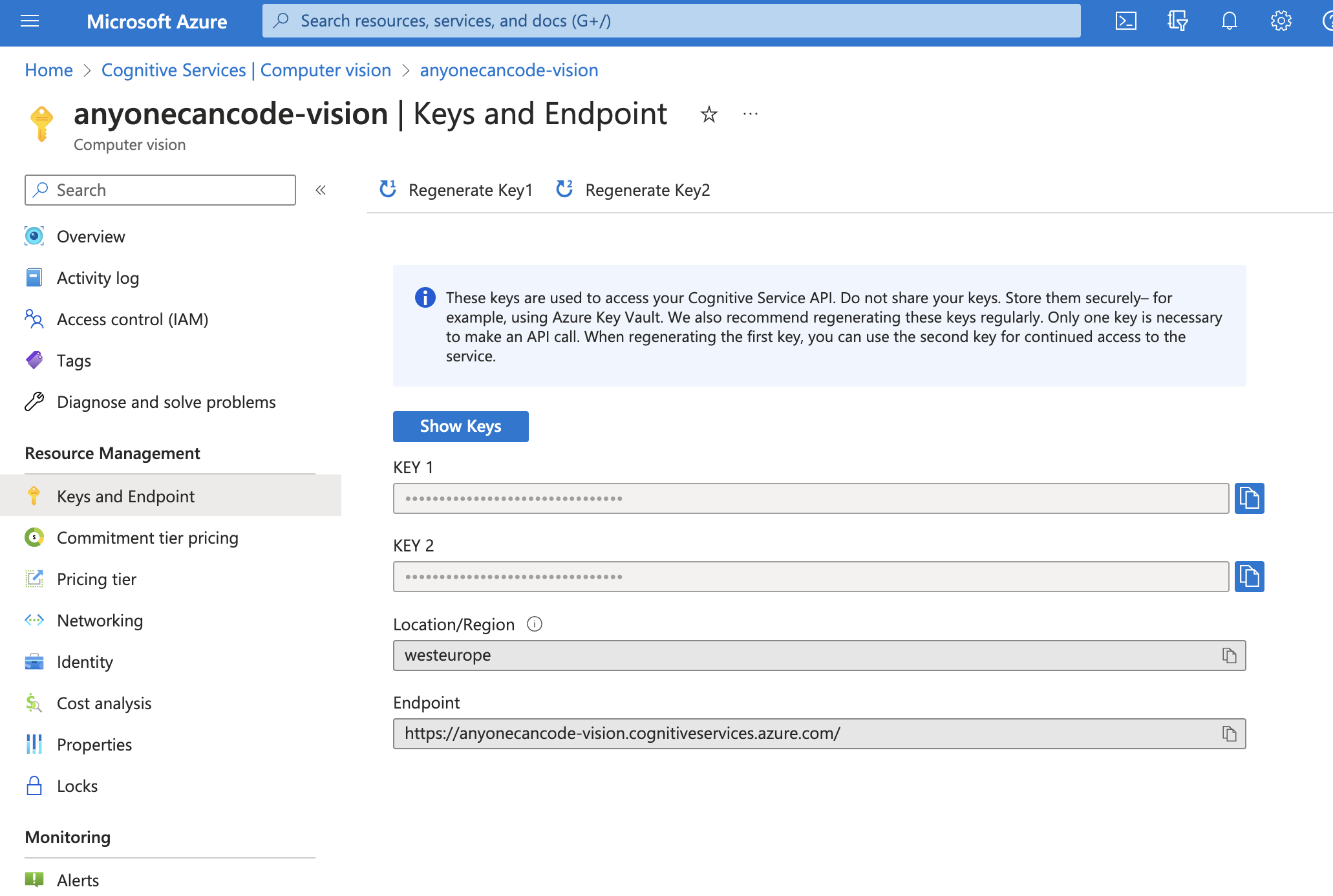 Screenshot of Access keys in Computer Vision service