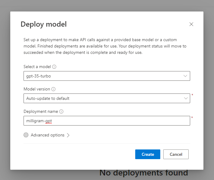 Screenshot of Gpt turbo model deployment