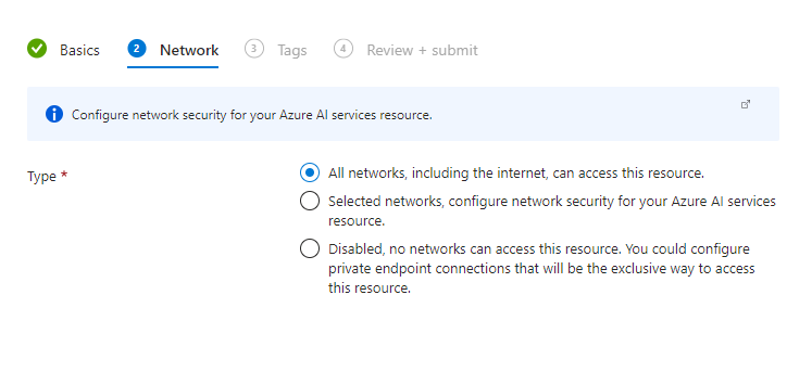 Screenshot of Azure Portal create page for openAI Azure, networking