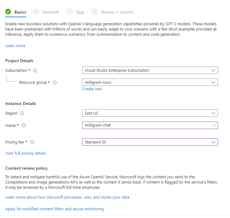 Screenshot of Azure Portal create page for openAI Azure