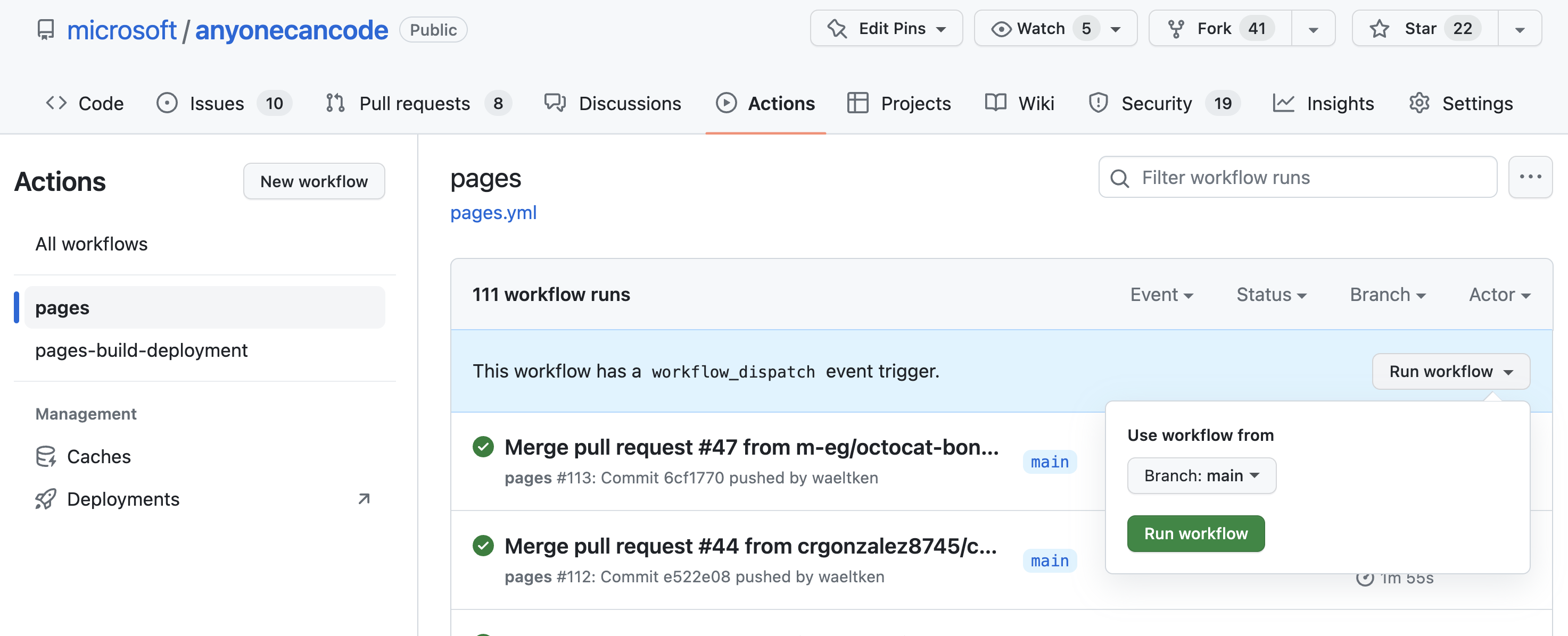 Screenshot of Actions page of github.com/microsoft/everyonecancode