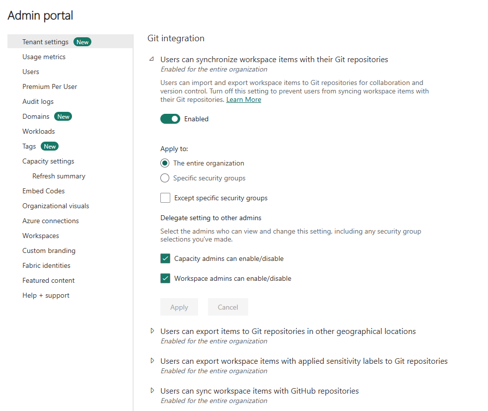 Tenant Git Integration Settings