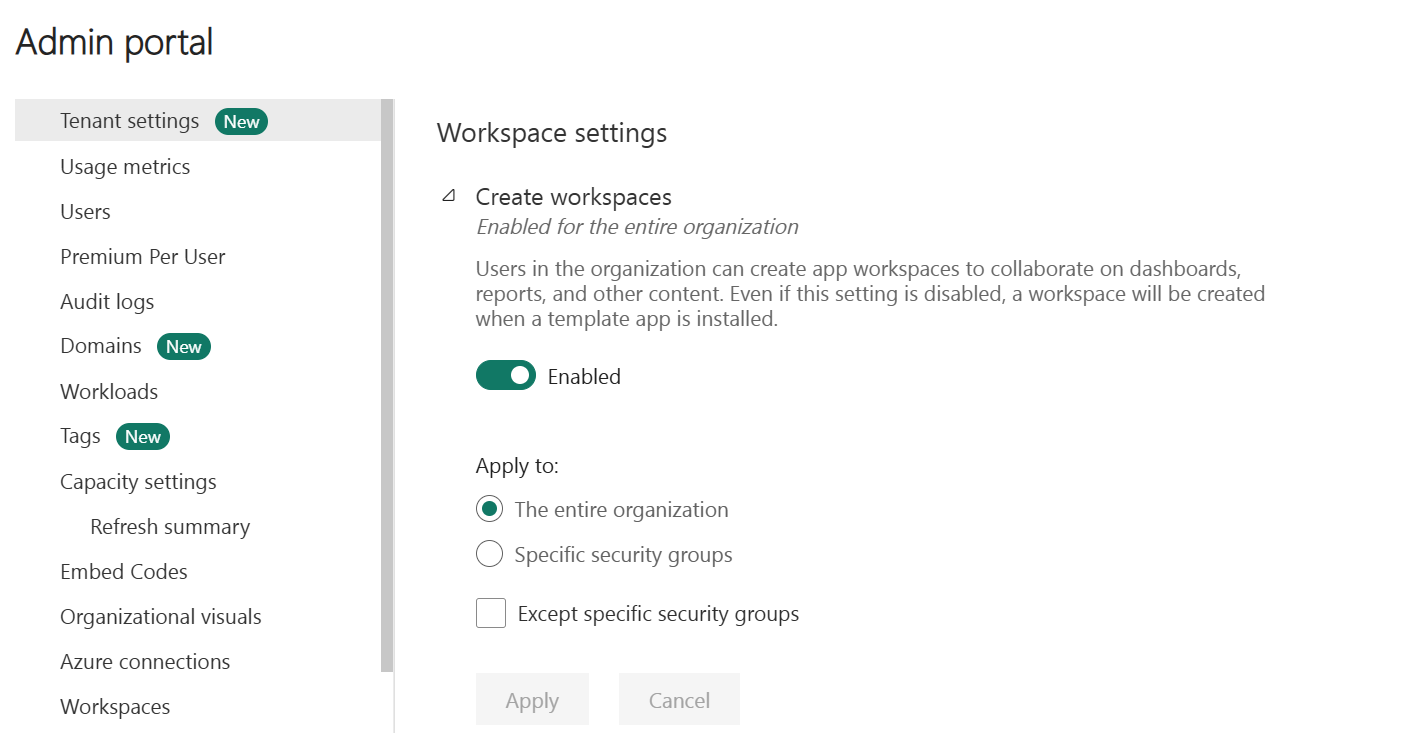 Workspace Creation Settings